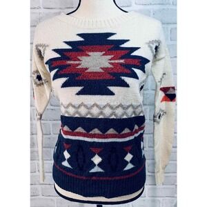 American Eagle Outfitters Womens Sweater XS Cream‎ Navy Aztec Diamond Pullover